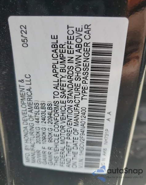 2022 Honda Accord Touring из США, поврежденный, VIN 1HGCV2F94NA012400